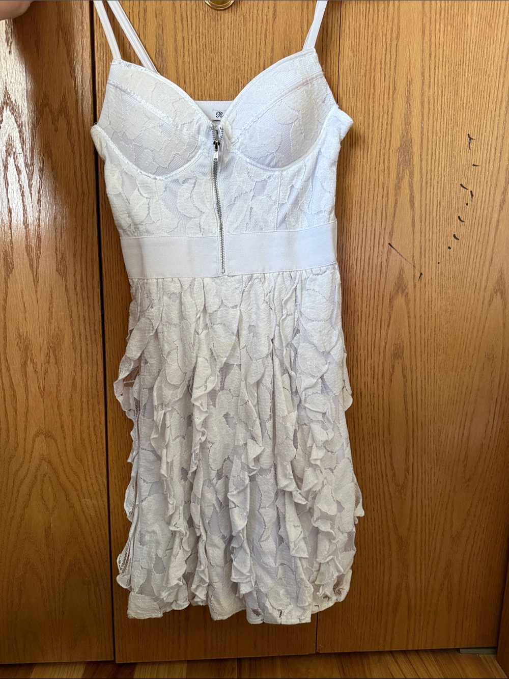 Rachael & Chloe White Lace Ruffle Spaghetti Strap Mini Dress